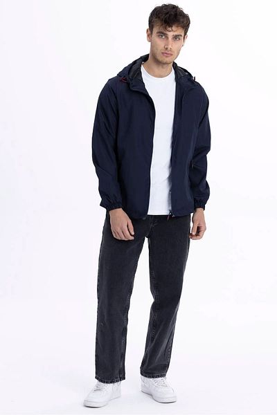 D1fference Men's Navy Blue Lined Windproof Hooded Sports Raincoat with Pockets