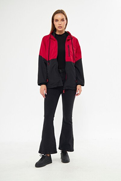 D1fference Női piros-fekete kétszínű bélelt szélálló kapucnis esőkabát zsebekkel