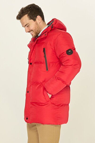 D1fference Pánská dlouhá červená nafukovací parka s kapucí - plněná vlákny, hřejivá, větruodolná