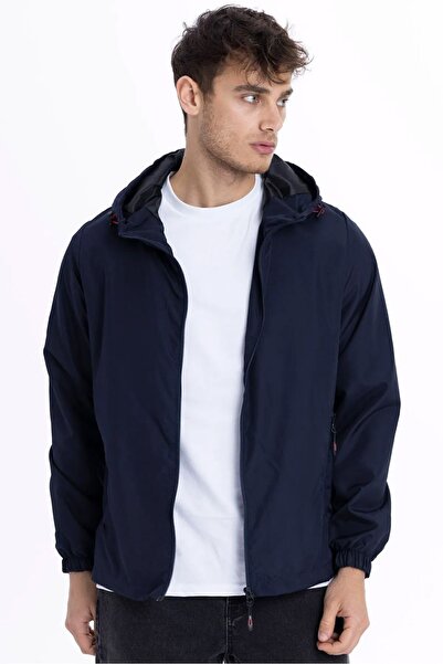 D1fference Men's Navy Blue Lined Windproof Hooded Sports Raincoat with Pockets