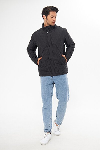 D1fference Ανδρικό παλτό με μαύρο αντιανεμικό γιακά με καπιτονέ σχέδιο