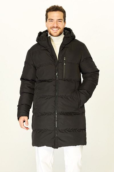 D1fference Schwarzer Puffer-Parka für Herren – mit Kapuze, Faserfüllung, winddichter Mantel