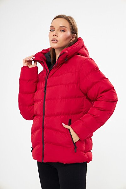 D1fference Kadın Kırmızı Kapüşonlu Rüzgar Geçirmez Şişme Kışlık Mont