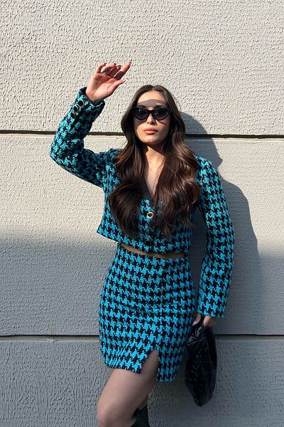 Seda Yalçın Atelier Blue Tweed Buttoned Jacket Skirt Set