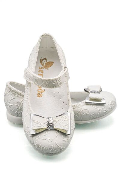 sermoda Fiyonk Taş Detay Kendinden Desenli Bebek Babet Beyaz