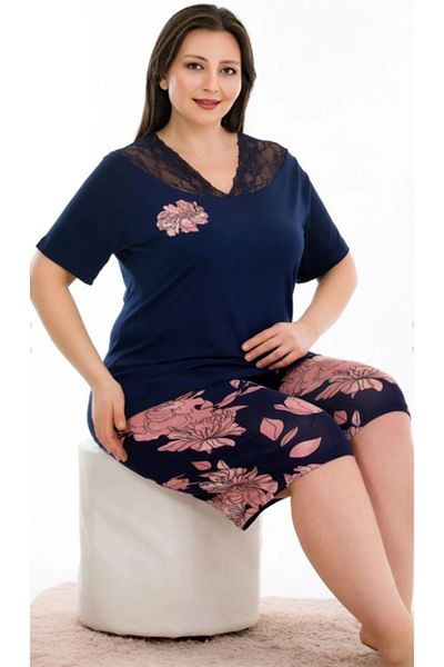 Cooqpoo Σετ κοντομάνικο σορτς 2xl-3xl-4xl Navy Blue Pink Floral μοτίβο