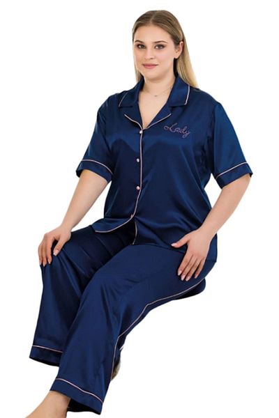 Cooqpoo Navy Blue Solid Short Sleeve 2Xl-3Xl-4Xl Size Pajamas Set
