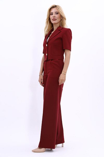 ÖNDER ÖZSOY High Waist and Wide Leg Mini Pants Set - Short Sleeve Jacket, Claret Red
