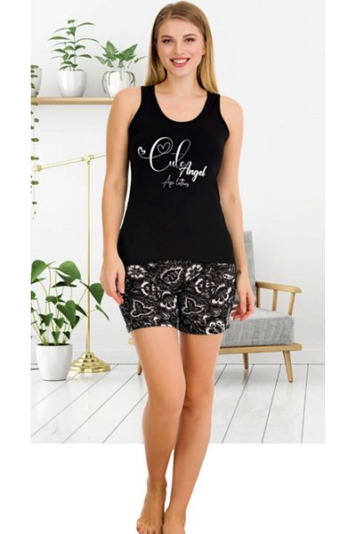 Cooqpoo Black Color M-L-Xl Size Sleeveless Shorts Cute Angel Print Quality Fabric Summer Pajamas Set