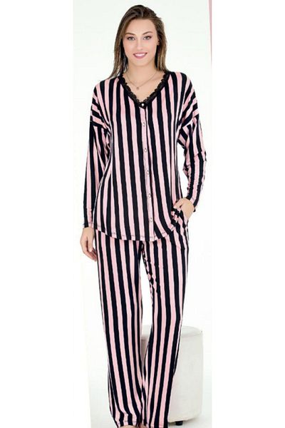 Cooqpoo Pink Black Striped M-L-Xl Combed Cotton Pajama Set