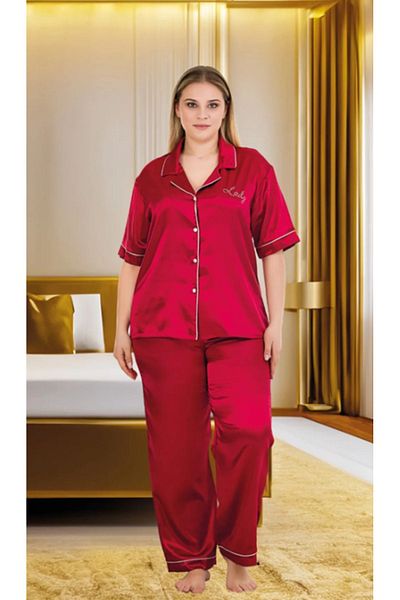 Cooqpoo Red Solid Short Sleeve 2Xl-3Xl-4Xl Size Pajamas Set