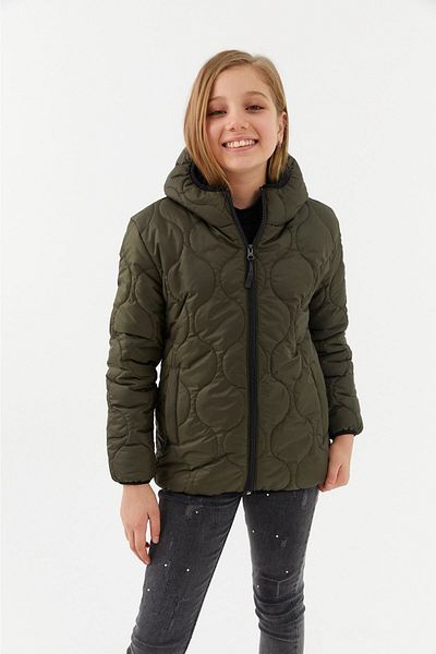 RİVERCLUP Girl's Onion Pattern Water and Windproof Fiber Khaki Hooded Coat