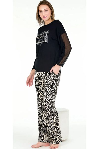 Cooqpoo Set de pijamale din bumbac pieptănat M-L-XL cu mâneci negre și model frumos pe tul