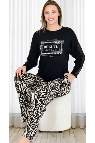 Cooqpoo Set de pijamale din bumbac pieptănat M-L-XL cu mâneci negre și model frumos pe tul