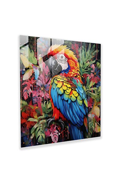PaintedAnarchy Wildlife Glass Wall Art, Vibrant Parrot in Tropical Greenery, ...