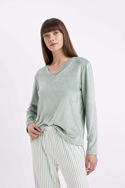 DeFacto Pajama Set V-Neck Velour Long Sleeve Top Striped Elastic Waist Bottom-Fall in Love A6205Ax24Au