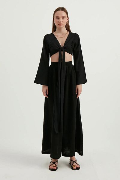 Hiccup Deep V Neck Side Cutout Bell Sleeve Long Sleeve Crop Top