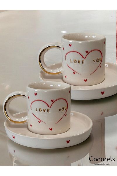 Canarels 24K Gold Decorated Handmade Set of 2 Ceramic Coffee Cups 100ml with I Love You Print