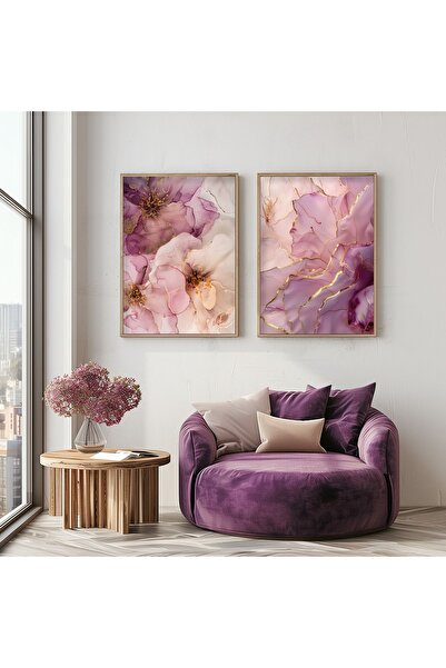 STARYUNA Ahşap çerçeveli mor çiçekli altın renkli soyut tablo Yuna32