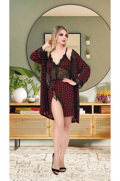 Cooqpoo Set cămașă de noapte și halat confortabil cu imprimeu din dantelă pentru femei - bretele subțiri, cu fantă, mărimi S/M-L/XL