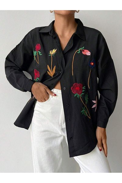 Basko fashion CĂMĂ SALASH EMBROIDERED BLACK FLOWER