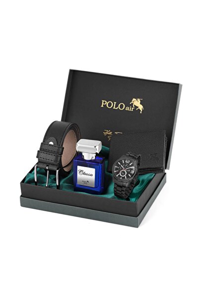 Polo Air Metal Kordon Erkek Kol Saati Cüzdan Kemer Parfüm Kombin Siyah Renk P...