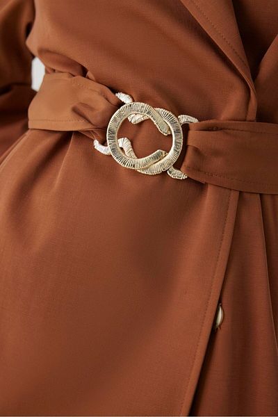 Exquise Cotton Pocketed Regular Camel Trench Coat - Belted