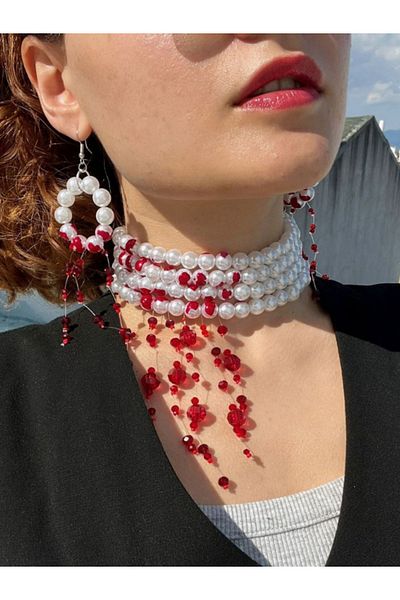 SHİNELİZE Vampire Necklace and Earring Set - Blood Dripping, Crystal Vampire, Pearl Vampire Necklace