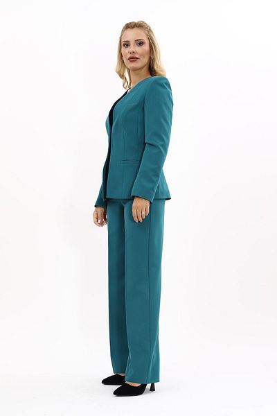 ÖNDER ÖZSOY V-Neck Long Jacket & Wide Leg Pants Set-Petrol