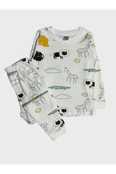 elmas kids Set de pijamale albe cu mânecă lungă pentru băiat - 100% bumbac, model Safari