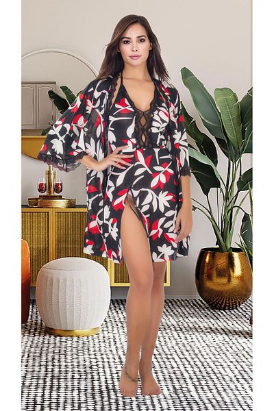 Cooqpoo New Season Patterned Lace S/M-L/Xl Size Rope Strap Women's 2-Piece Nightgown Dressing Gown Set