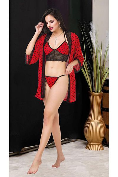 Cooqpoo Red Black Polka Dot 3-Piece Transparent Thong Size S/M-L/Xl Women's Underwear Model Set