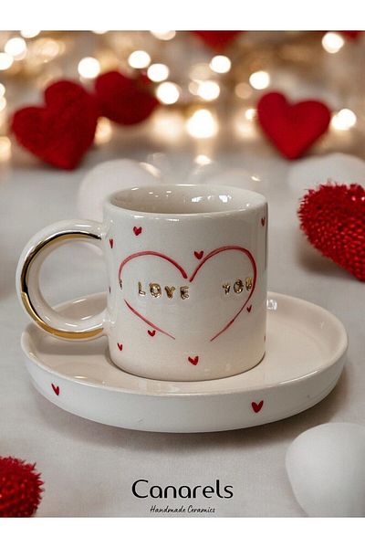 Canarels 24K Gold Decorated Handmade Set of 2 Ceramic Coffee Cups 100ml with I Love You Print