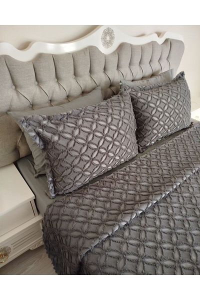 ESTİMA Aslan Tekstil Oya Anthracite Double Tufted Bed Set - 250X260 2 Pillows 50X80