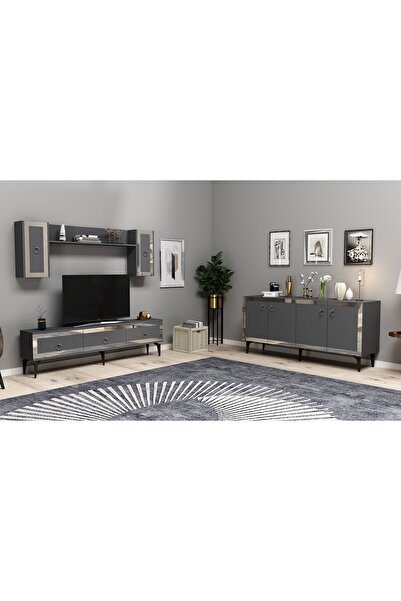 cantek dizayn Ponny 180 Cm Tv Ünitesi Ve Konsol 2'li Salon Takımı Antrasit-gümüş