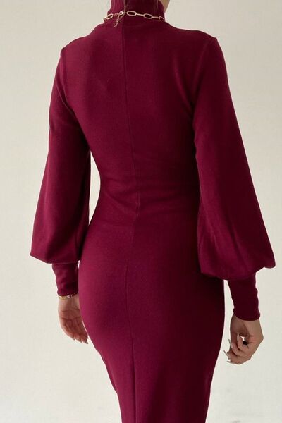 bayansepeti Turtleneck Burgundy Knitwear Midi Dress - Long Sleeve and Slit 277