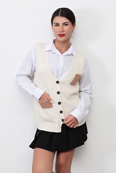 GİYSA Kadın Ten Düğmeli Cep Detaylı Triko Yelek - 2064