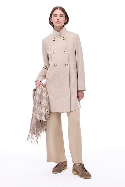 Perspective Arlines Beige Women's Coat - Over-The-Knee Fitted Sleeves and Prevailing Collar