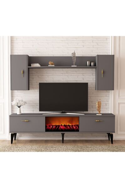 DEMONTE DECOR Rüyam Şömineli Tv Ünitesi Takımı Antrasit-antrasit