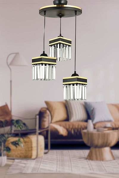SONSUZ AYDINLATMA&AVİZE Infinite 3-Piece Black Pendant Lamp Crystal Stone Yellow Stripe Square Downward Facing Luxury Chandelier