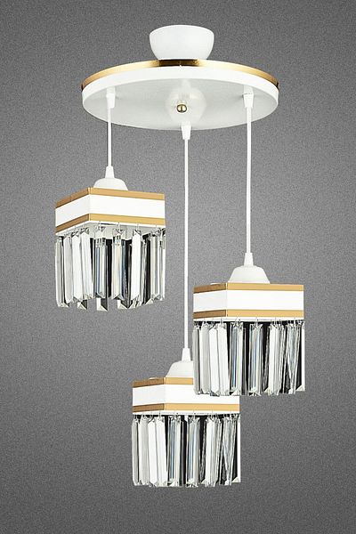 SONSUZ AYDINLATMA&AVİZE Infinite 3-Piece White Pendant Lamp with Crystal Stones and Yellow Stripe Square Downward Facing Luxury Chandelier