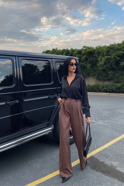 Ortaya Çık Kožené kalhoty Palazzo Belted – hnědé