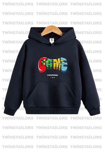 twins tailors Game Printed Hooded Fleece Inside Unisex Navy Blue Children's Tracksuit Set