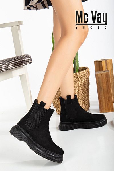 Mc vay Shoes Chelsea Black Suede Elastic Detailed Stylish Women's Bootie