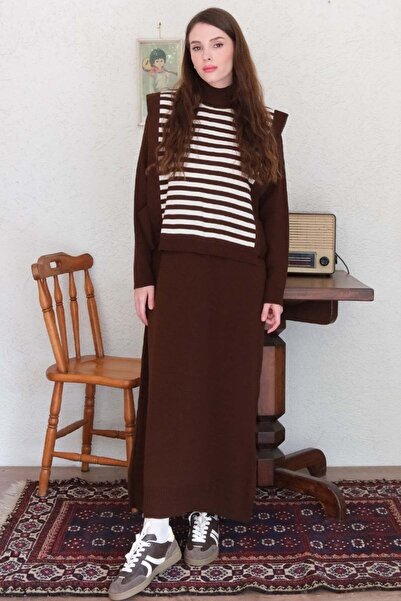 Ceylan Otantik Λευκό ριγέ Bitter Brown Jumpers Knitwear Σετ Φόρεμα