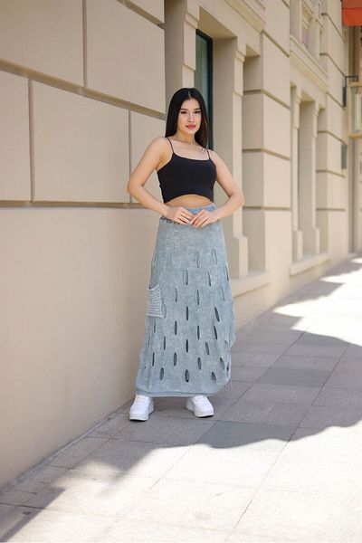 AYASOFYA OTANTIK Gray Cotton Knitwear Women's Skirt - Elastic Waist, Lined and Side Gathered