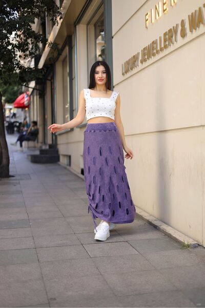 AYASOFYA OTANTIK Фіолетова бавовняна трикотажна спідниця для жінок - еластичний пояс, підкладка, збори з боків і кишеня для карманів