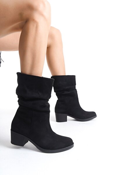 MARSEDO Kadın Kalın Topuklu Körüklü Yuvarlak Burun Günlük Bot Loana Siyah