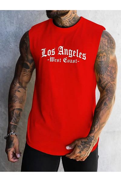 NO 601 Men's Red Los Angeles Printed Sleeveless T-Shirt