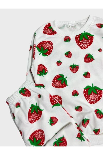 ALİŞ KİDS White Strawberry Patterned Cotton Long Sleeve Girl's Pajama Set